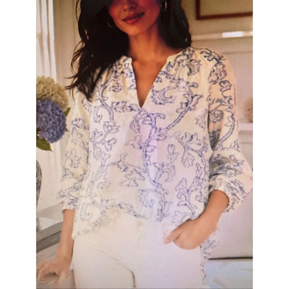 Loft Scroll Print Blouse in Ivory and Blue